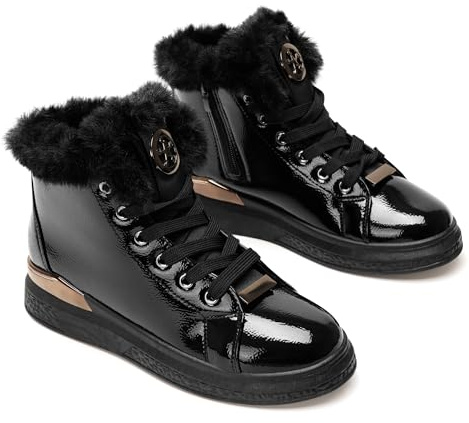 Botas cálidas de invierno para mujer: zapatillas antideslizantes con forro de piel sintética, cremallera interior, impermeables, cómodas, con cordones, para caminar al aire libre.-Black Texture-41