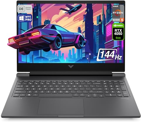 HP Victus 16 Gaming Laptop, AMD Ryzen 5-8645HS, 16 GB DDR5 RAM, 512 GB PCIe SSD, 16.1 FHD (1920x1080) IPS 144Hz Display, Nvidia Geforce RTX 4050, Backlit QWERTZ Tastatur, Windows 11 Pro, Mica Silver
