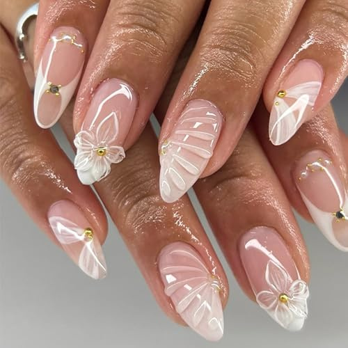Virellay 24 Stück Press On Nails Almond, Glossy Fake Nails, Französische Künstliche Nägel Zum Aufkleben Mit 3D Blumen Und Perlen für Frauen Maniküre