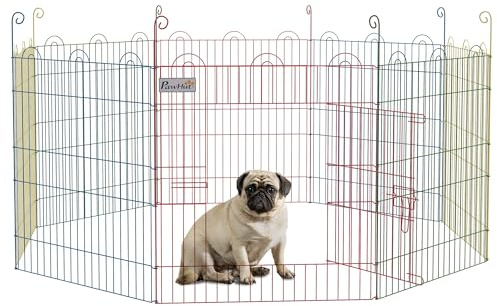 PawHut Parque Plegable para Perros de 8 Paneles, Ø156x60 cm, Valla Metálica para Cachorros, Conejos, Diseño DIY, con Puerta, Estacas, para Interior y Exterior, Multicolor