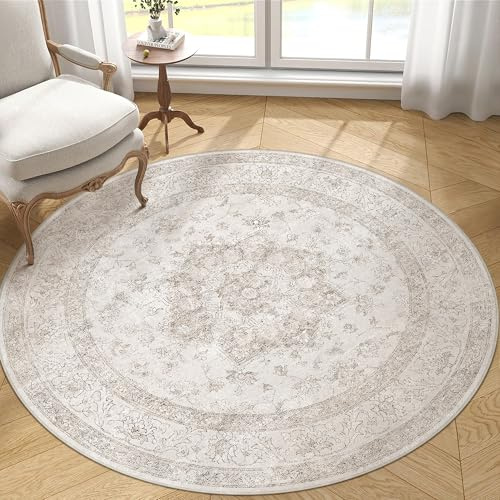 PureCozy Vintage Beige Teppich Rund 180cm Waschbar | Waschbarer Teppich, Weich Rutschfest, Kurzflor Boho, für Wohnzimmer Schlafzimmer Esszimmer Büro, Runder Carpet