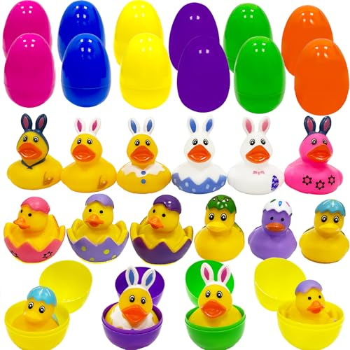 Plusupon 24 PCS Filled Easter Eggs with Rubber Duck, Easter Eggs Hunt for Kids, Prefilled Basket Stuffers Pool Bath Toys for Party Supplies