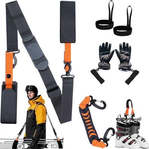 RUISOPE 3 Pièces Sangles de Ski Réglables, Sangle de Ski Réglables avec Bandoulière Rembourrée pour Un Transport Facile des Skis Chaussures de Skis et Bâtons Dragonnes pour Gants de Ski