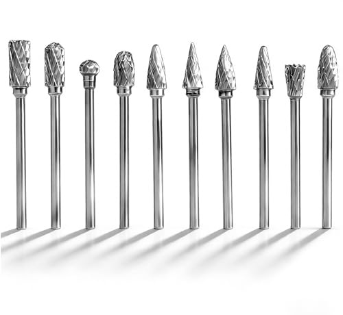 10PCS Tungsten Carbide Rotary Burrs Set, Double Cut Carbide Die Grinder Bits for Dremel Rotary Tools, for Wood Metal Grinding Polishing Engraving Drilling Carving