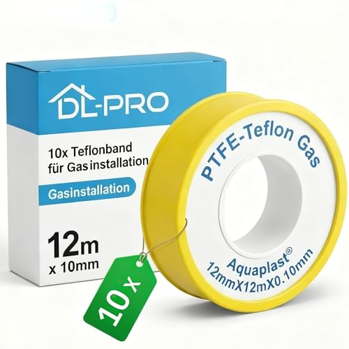 DL-pro 10x Teflonband kompatibel mit Gasleitungen, Gasherd-Anschluss, Gasheizung, PTFE Material, 12m x 12mm x 0,1mm