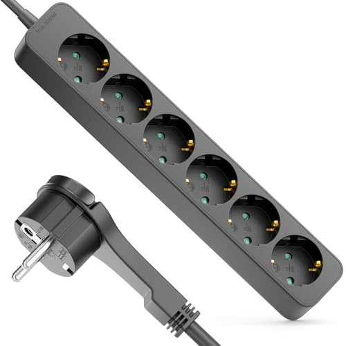 deleyCON 6-Fack Grenuttag med Plattkontakt - 5m Kabel - Ideal Bakom Möbler, Grenuttag Strömkabel Fördelare Förlängning Strömlist 3680W 16A - Svart