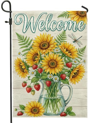 Bandiera da giardino con girasole, rustica estiva fragola crisantemo giallo estivo su entrambi i lati, bandiere decorative per esterni, patio, prato, portico anteriore, balcone, 30,5 x 45,7 cm