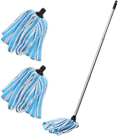 Addis Mega 100% Microfibre AntiBac 3 pcs Handle & Twin Extra Mop Refill Pack, Blue & Metallic, Metallic/Blue, 15.5 x 146 cm