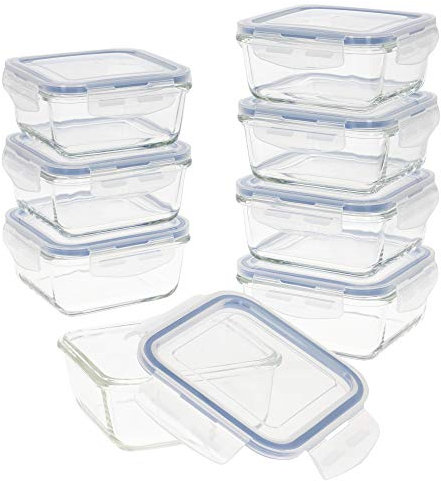 AKTIVE 48 Confezione da 8 ermetici in Vetro, Adatti per microonde, Chiusura, coperchi Trasparenti, Alimenti, contenitori Quadrati, 14 x 14 x 6.5 cm (550 ml)