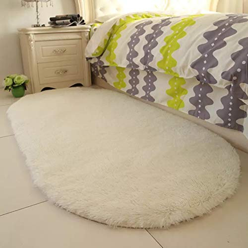 HONGBI Hochflor Ovaler Teppich Wohnzimmer Kunstfell Teppiche Wolle Bettvorleger Anti-Rutsch Sofa Matte Shaggy Lange Plüsch Bereich Teppich Schlafzimmer Carpet Bodenmatte Heimdekoration Weiß 80x160CM