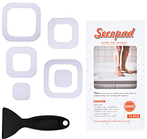 Secopad - 72 Adesivi Antiscivolo, con scolpiture, per vasche da Bagno e docce, con Raschietto (Bianco)