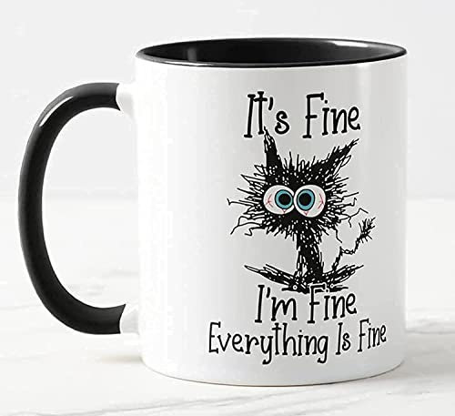 Vixar Its Fine I'm Fine Everything is fine Cat Joke Coloured Mug Cup Gift Birthday Work Office Christmas Tea Coffee (Black)