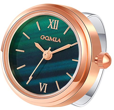 JewelryWe Ringuhr Fingeruhr Damen Analog Quarz Edelstahl Verstellbar Ring Uhr Fingerringuhr Uhrenring mit Grün Römischen Ziffern Rundem Zifferblatt, Gold Rosegold Silber