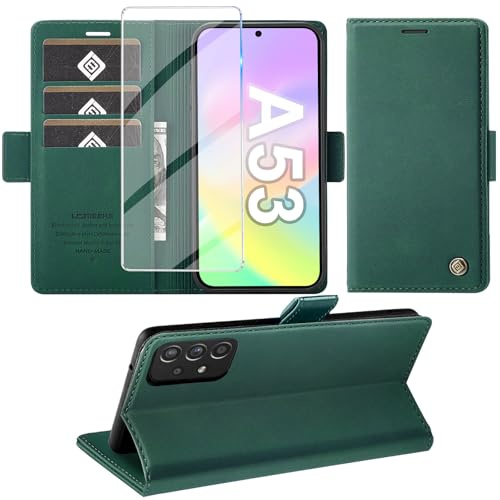 Giyer für Samsung Galaxy A53 5G Hülle mit Schutzfolie, Handyhülle Galaxy A53 5G Standfunktion Kartenfach Wallet Premium Leder Schutzhülle A53 5G Flip Case Cover Stoßfeste Klapphülle (grün)