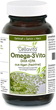 Cellavita Omega-3 Vita DHA-EPA Kapseln & Öl aus Algenöl (fischfrei, da Algen) | (60 Softgelkapseln)