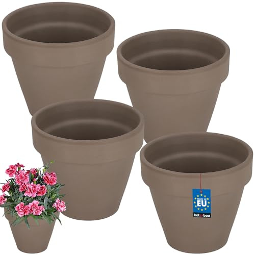KOTARBAU® Terrakotta Blumentopf rund ⌀ 11 cm, Übertopf 10 cm hoch, 4er Set | Übertöpfe für Zimmerpflanzen klein, Kräutertopf mit Abflussloch, Tontopf mit Rand, Blumentopf Keramik unglasiert, Mokka
