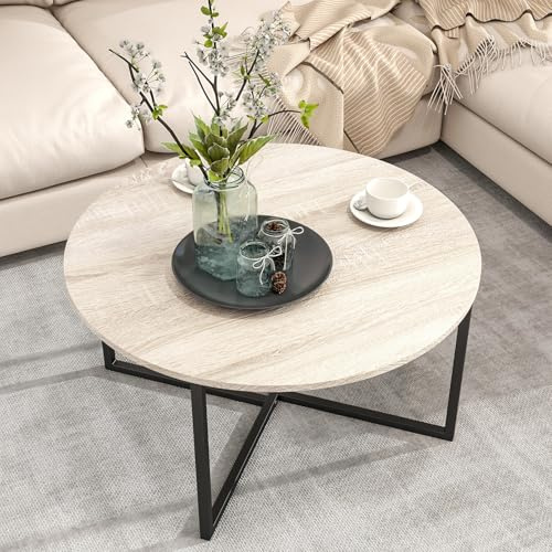 HOJINLINERO Couchtisch Rund,Wohnzimmertisch,Sofatisch,Kaffeetisch,Nachttisch,Beistelltisch Rund für Wohnzimmer Schlafzimmer,Stabiles Stahlgestell,Einfacher Aufbau,Industrie-Design,Schwarz/Eiche Teak