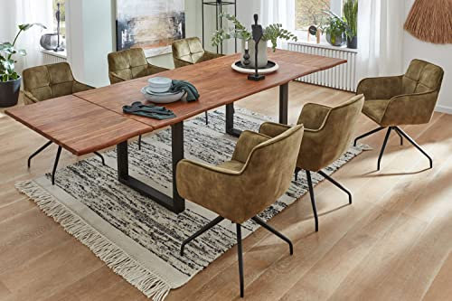 SAM 7tlg. Essgruppe Norina 200 (300) x 100 cm, Akazienholz nougatfarben + massiv, Esszimmertisch mit 2 Ansteckplatten, Baumkantentisch mit U-Gestell in Schwarz, 6 x Armlehnstuhl Malaga