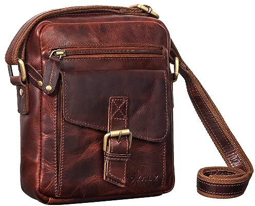 ROYALZ Knoxville kleine Ledertasche Herren Vintage Männer Umhängetasche Mini Messenger Bag Schultertasche klein;Farbe:Roma Cognac Braun