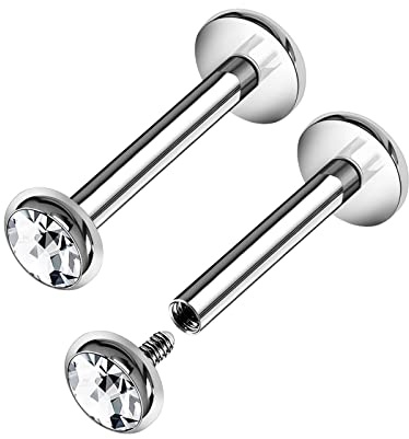KJM FASHION 2 Stk Edelstahl Innengewinde Lippe 1,2mm 16 Gauge 10mm 3/8 3mm Klar Kristallkugel Spiderbite Ohrringe Piercing Schmuck 8469