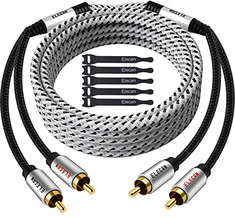 Elecan Premium RCA Cable 15 Ft (Hi-Fi Sound-16 AWG-Shielded) 2 RCA Male to 2 RCA Male Stereo Audio Cable, Gold Plated-Aluminum Alloy Shell-Pure Copper-Braided RCA Cord for Home Theater Speakers + Ties