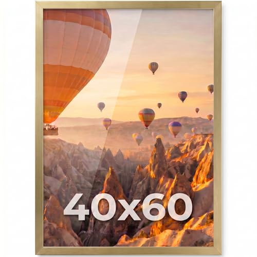 PHOTOLINI Bilderrahmen 40x60 gold Holz MDF, Bilderrahmen 60x40 gold, picture frame 40x60 mit bruchsicherem Acrylglas zum Aufhängen, Rahmen 60x40 mit extra Zubehör - für Fotos & Poster
