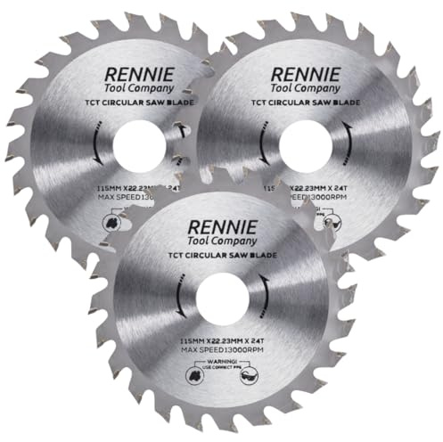 Rennie Tool 115mm x 22.2mm Bore x 24T TCT Circular Wood Saw Blade (3 Pack) | 7/8 Inch Bore (22.23mm) + 20mm & 16mm Reduction Rings. 24 Teeth Mini Circular Saw Blades For Woodworking Wood Cutting