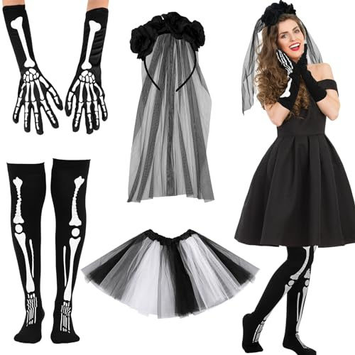 HICARER Set di 4 Accessori per Costume da Scheletro di Halloween Include 1 Paio di Guanti da Scheletro 1 Paio di Calzini 1 Lungo Velo con Fiori Neri 1 Gonna Tutu per Donne Adulti Cosplay