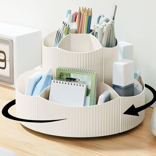 SAMSYOKI Portapenne Girevole da Scrivania, Organizzatore da Scrivania Rotante con 11 Scomparti, Multifunzionale Portamatite da Scrivania Porta Penne Esagonale per Ufficio Scuola Domestico (Beige)