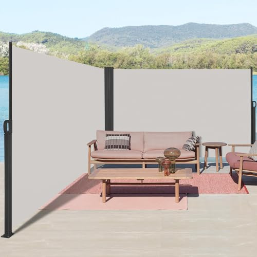 Kidsgigglz Doppelseitenmarkise Ausziehbar,200x600cm Blickdichter Sichtschutz,Sonnenschutz,Windschutz,Wasserdicht, Alu Ausziehbare Markise mit Wandhalterung,Seitenrollo für Balkon,Terrasse,Garten,Grau