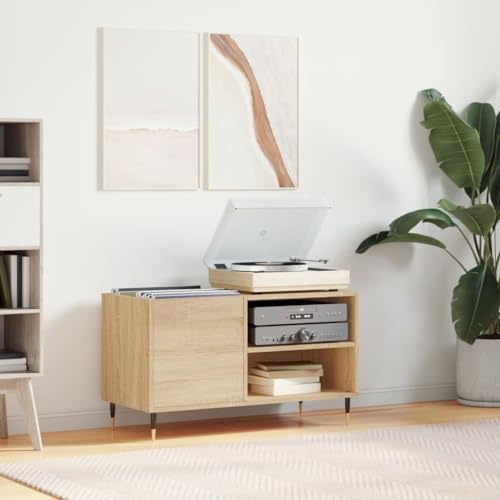 ShCuShan Soporte para tocadiscos, mesa auxiliar de sofá con estantes abiertos, armario de almacenamiento de discos de vinilo, mesa auxiliar vintage para sala de estar, dormitorio y oficina, armario de