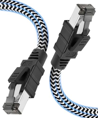 Qiuean Cat 8 LAN Kabel 7m, Nylon Geflochtenes Netzwerkkabel, 40 Gbit/s 2000 MHz Hochgeschwindigkeits-Ethernetkabel, Patchkabel mit Vernickeltem RJ45-Stecker für PS5, Laptop, Router, Gaming, Modem