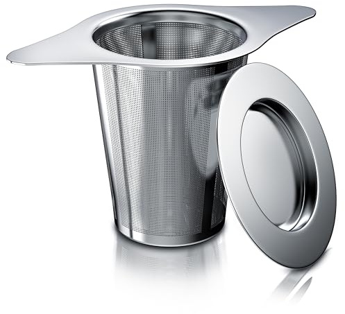 Arendo - Teesieb Edelstahl mit Doppelgriff und Multifunktionsdeckel – Teefilter feinmaschig – geeignet für Teekannen und Tassen – ideal für losen Tee, Teeblätter, Kaffee – SUS 304 Edelstahl - spülmas