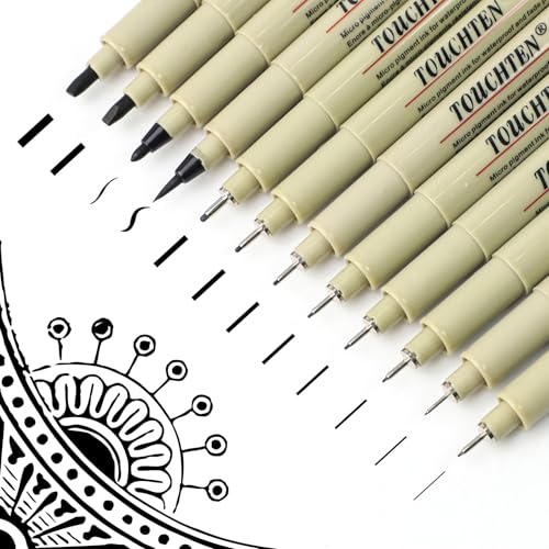 WYTNB 12 stycken vattentäta fina spetsar konstpennor set, 0,15–3 mm svart bläck mikro pennor teknisk anti-avgradning, Pigment Fineliner för skisser tecknade illustrationer