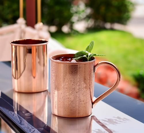 Exclusive Global Set of 2 Pure Copper Drinkware Mugs Moscow Mule 100% Solid Copper Mug/Cup