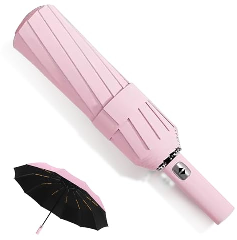 MPXEAVG paraply – automatiskt öppning och stängning – stormsäkert, vindtätt och vattenavvisande – kompakt och lätt fickparaply med halkfritt handtag – perfekt för män och kvinnor, ROSA
