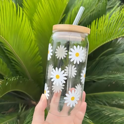 JZSMY Iced Coffee Glasses Cup with Bamboo Lid and Glass Straw, 500ml Daisy Aesthetic Cup, Beer Can Shaped Flower Mug for Women, Cute Tumbler Cup for Friend Birthday Valentine Christmas (Daisy)