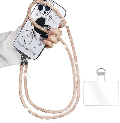FloralGrace Umhängegekette with Rhinestone Glitter, Phone Lanyard, Long Ribbon, Telephone Cord, Anti-Drop Chain, Phone Chain Short Pendant (Gold 68 cm)