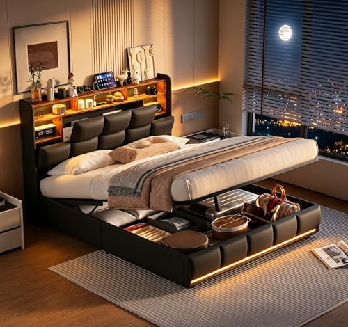 Polsterbett 140 x 200 cm,LED Doppelbett mit Stauraum und Lattenrost,PU Kopfteil mit Staufach und USB Ladefunktion,Hydraulisch Stauraumbett Jugendbett Rückenlehne Bettgestell (Schwarz,140 x 200cm)