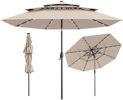 RELAX4LIFE Parasol Droit Inclinable 3M avec LED Solaire | Parasol de Jardin Extéieur 3M LED | Toit Ventilé à 3 Couches | Inclinaison 35° | Manivelle | 8 Baleines | Balcon Terrasse (Beige)