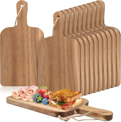 12 Pack Acacia Wood Cutting Boards with Handles, Chopping Board Bulk, Wooden Charcuterie Boards for Viggie, Fruits, Meal, Snack, Cheese, Engraving Holiday Gifts & Decor (30 x 15 x 1.5 cm)