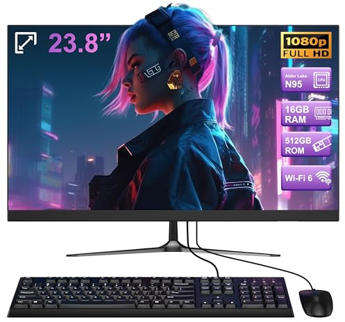 23 inch All-in-One Desktop Computer Alder Lake-N95(up to 3.4GHz) 16GB RAM DDR4 512GB ROM 1920 * 1080 IPS Display Desktop Computer with2.4G/5.0G WiFi & Bluetooth 5.1&HDMI, Wired Keyboard and Mouse