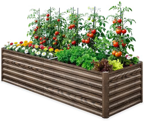 SUNYRISY Hochbeet Metall für Garten, 240x90x60cm Verzinkter Stahl Pflanzkasten Blumenkasten Kräuterbeet Pflanzbeet Blumenbeet Hochbeet-Kit für Garten Balkon Terrasse, Holzfarbe Rechteck