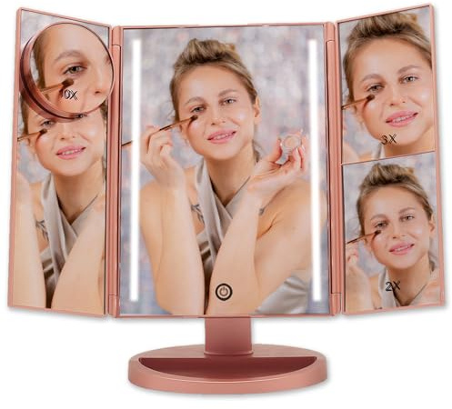 Boston Tech Specchio trucco con luce LED Bellatrix, ingrandimento 1x/2x/3x/10x, specchio pieghevole a 3 pannelli, rotazione 180°, touchscreen, doppia alimentazione e design elegante