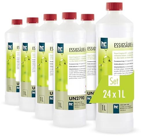 Höfer Chemie Acide Acétique 60% 24 x 1 L - Nettoyant Détartrant Puissant pour Ménage et Industrie, Fabrication Allemande de Qualité Supérieure, Biodégradable et Économique