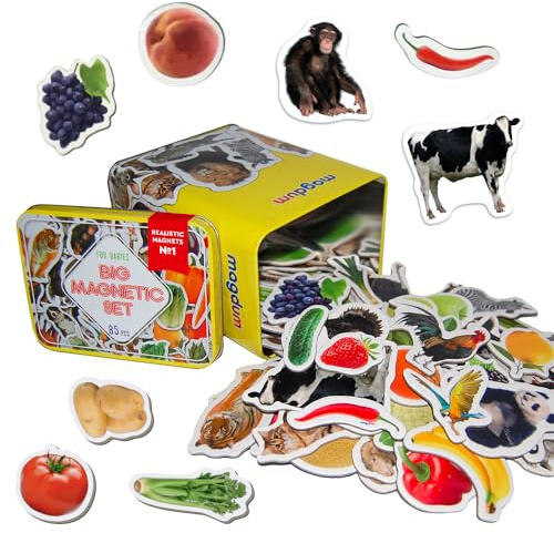 Magdum Tiermagnete für Kinder – 85 Zoo Bauernhof, Früchte, Gemüse Magnete | Realistische Magnettiere für Kühlschrank, Whiteboard in großer Blechdose – Montessori Lernspielzeug für Vorschule, Zuhause
