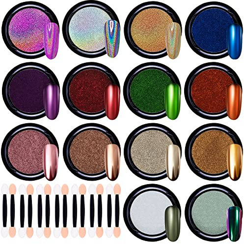 Duufin 14 Farben Nägel Spiegel Pulver Chrome Pulver Nägel Holographisch Nagelpulver Chamäleon Pulver Aurora Chrom Nagel Pulver mit 14 Stück Lidschattenstiften für Nailart