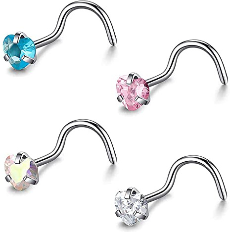 ZS Lot de 4 anneaux de nez en titane de qualité 23 pour femme, 2 mm 3 mm, anneaux de nez incurvés/tire-bouchon/spirale, Cristal Strass, Oxyde de Zirconium