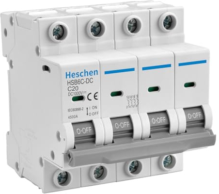 Heschen Disjoncteur miniature CC HSB6C-DC, 4 pôles, DC1000 V 20 A, disjoncteur photovoltaïque, pour système solaire PV, système de grille de panneaux solaires, montage rail DIN 35 mm