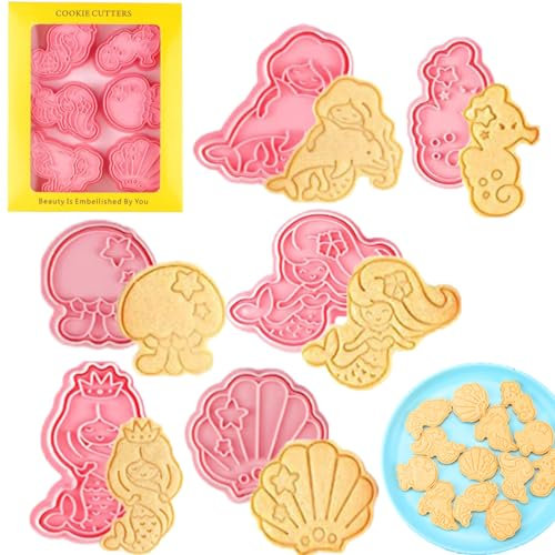 6 piezas Cortadores Galletas Sirena,Moldes Galletas Sirena,Moldes Galletas 3D Sirena Moldes Plásticos,Sirena Forma Galleta,Sello Galletas Sirena,Cortadores Galletas